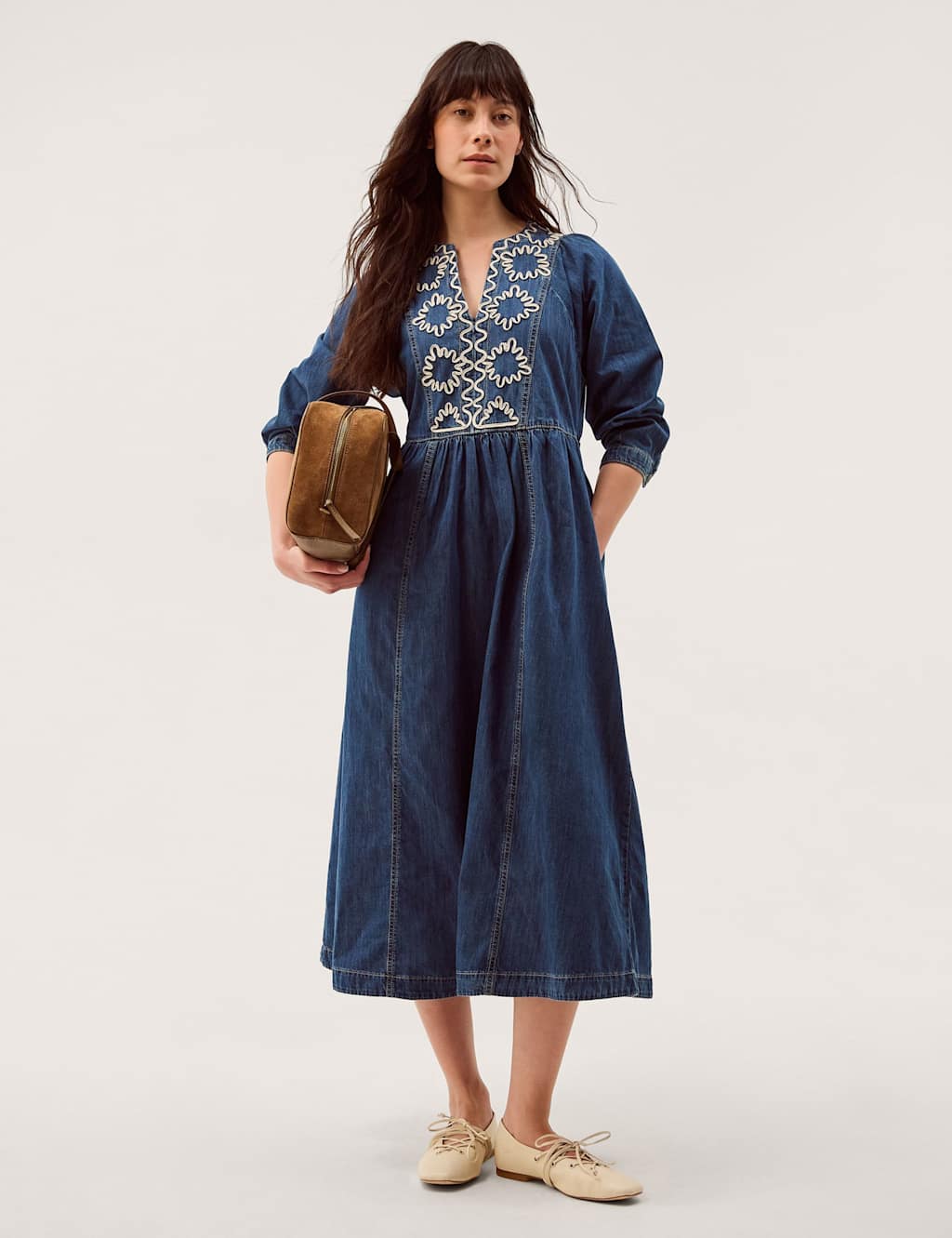 Monsoon Pure Cotton Denim V-Neck Midi Waisted Dress Light Blue Mix