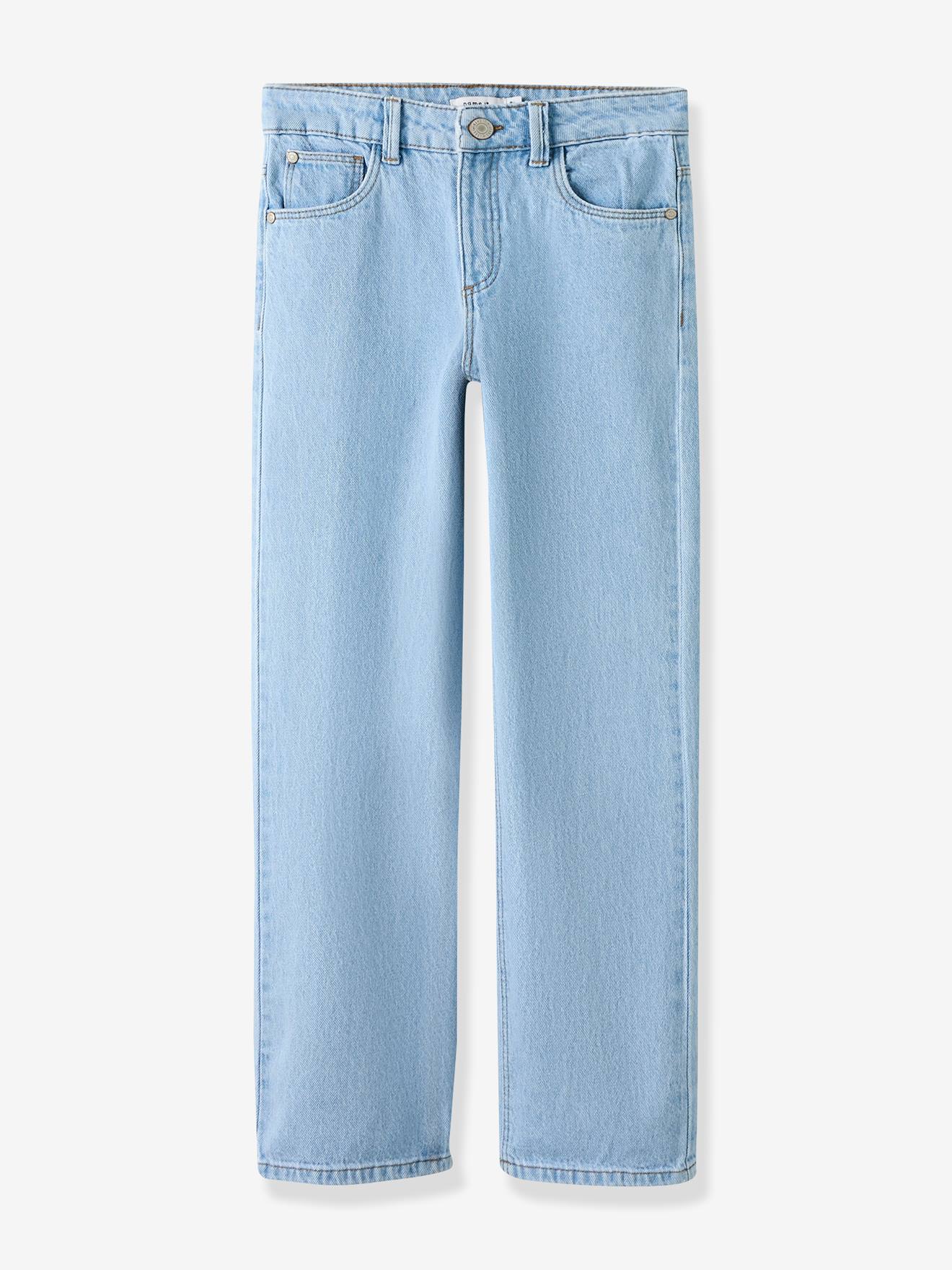 NAME IT girls' high-waisted straight leg jeans light blue