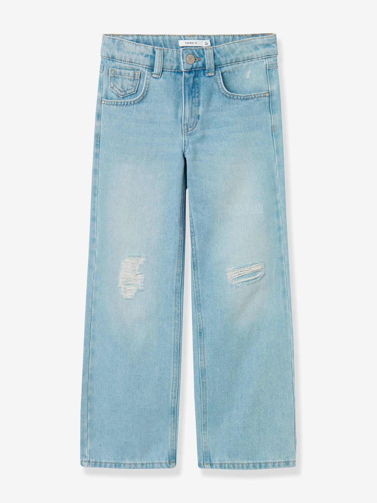 NAME IT girls' high-waisted wide-leg jeans with a distressed effect bleached denim