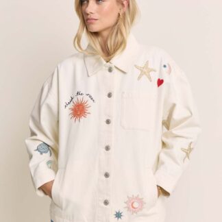 Nobody's Child x Elizabeth Scarlet Denim Embroidered Shacket Cream