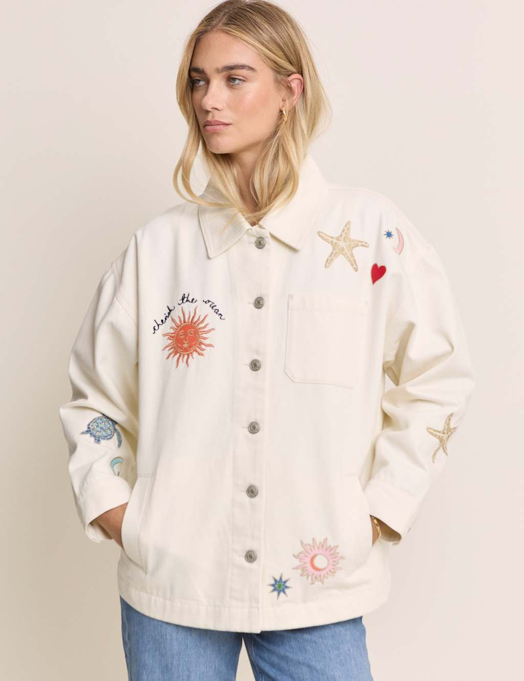 Nobody's Child x Elizabeth Scarlet Denim Embroidered Shacket Cream