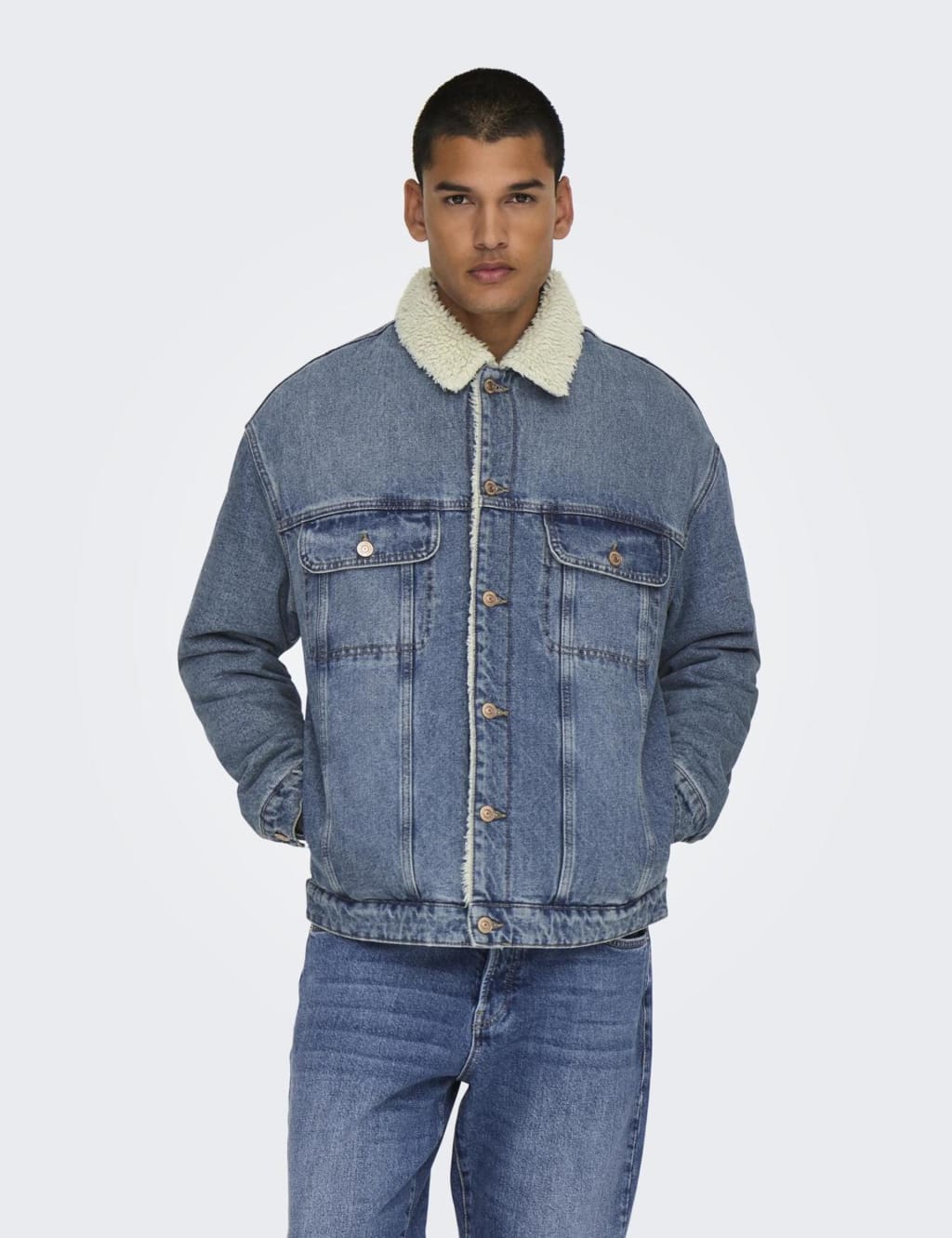 ONLY & SONS Pure Cotton Sherpa Lined Jacket Dark Blue