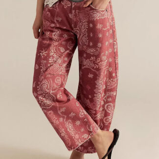 Paisley Print Barrel Jeans For Women - Pink Boho Horseshoe Cut Wide Leg Denim Pants - Spring Music Festival 2026