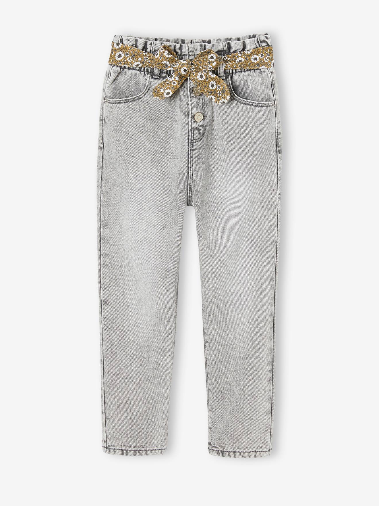 Paperbag Jeans + Floral Belt, for Girls denim grey