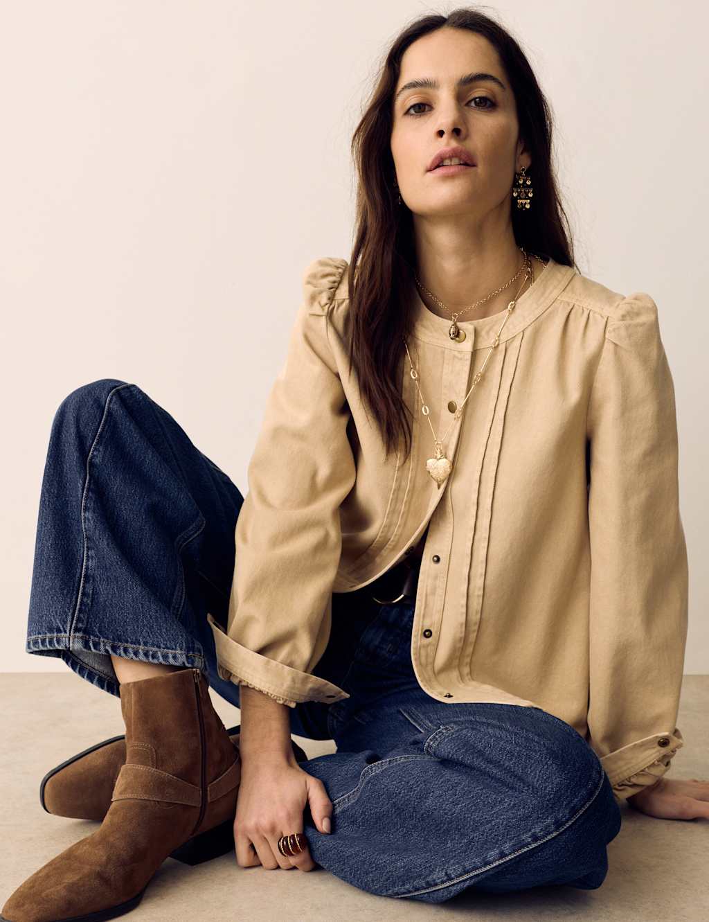 Per Una Pure Cotton Denim Collarless Shirt Neutral