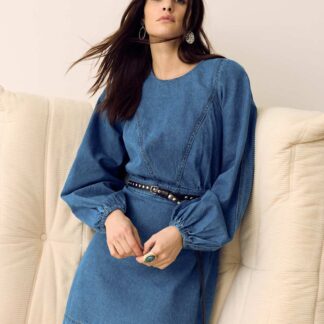 Per Una Pure Cotton Denim Mini Waisted Dress Medium Indigo