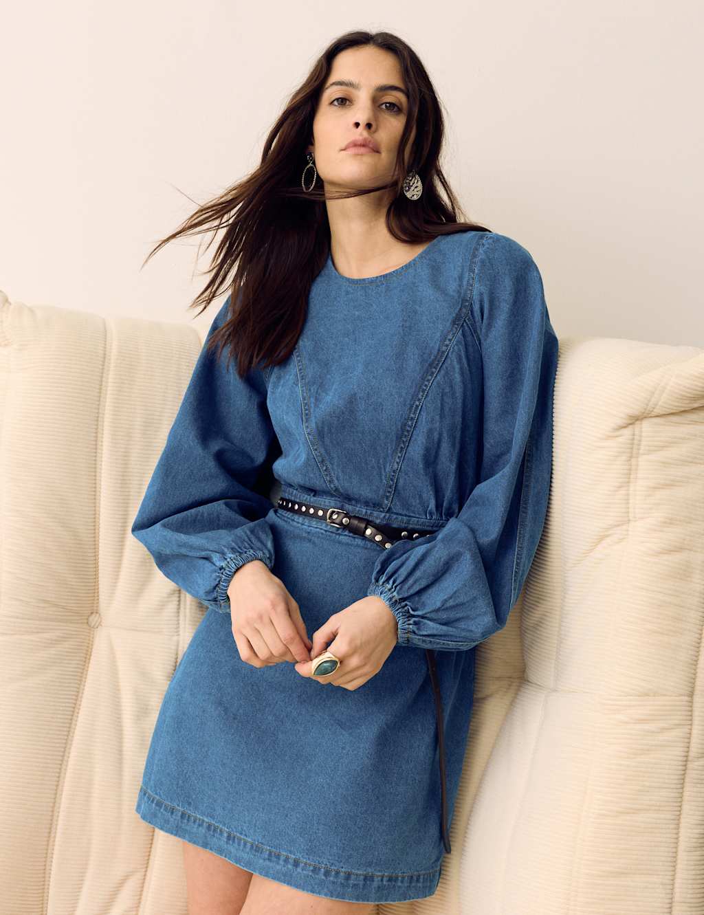 Per Una Pure Cotton Denim Mini Waisted Dress Medium Indigo