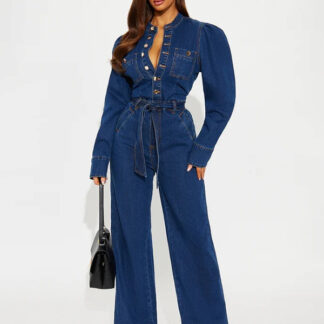 Puff Sleeve Denim Jumpsuit For Women - Dark Blue Retro Wide Leg Belted Button Front Romper - Spring Casual Party Wear 2026