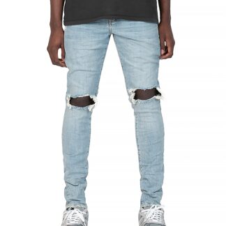 Purple Brand Dropped Slim Fit Destroyed Jeans in Light Indigo