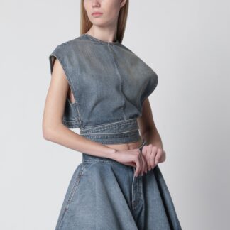 Raw délavé denim belted sleeveless top in blue