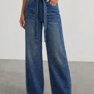 Rhinestone Wide Leg Jeans For Women - Washed Blue Y2K Belted Sparkly Straight Denim - Spring Party Night Out 2026