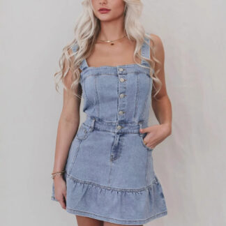 Ruffle Hem Denim Dress For Women - Light Blue Sweet Y2K Button Up Mini Dress - Summer Beach Festival Party Outfit 2026