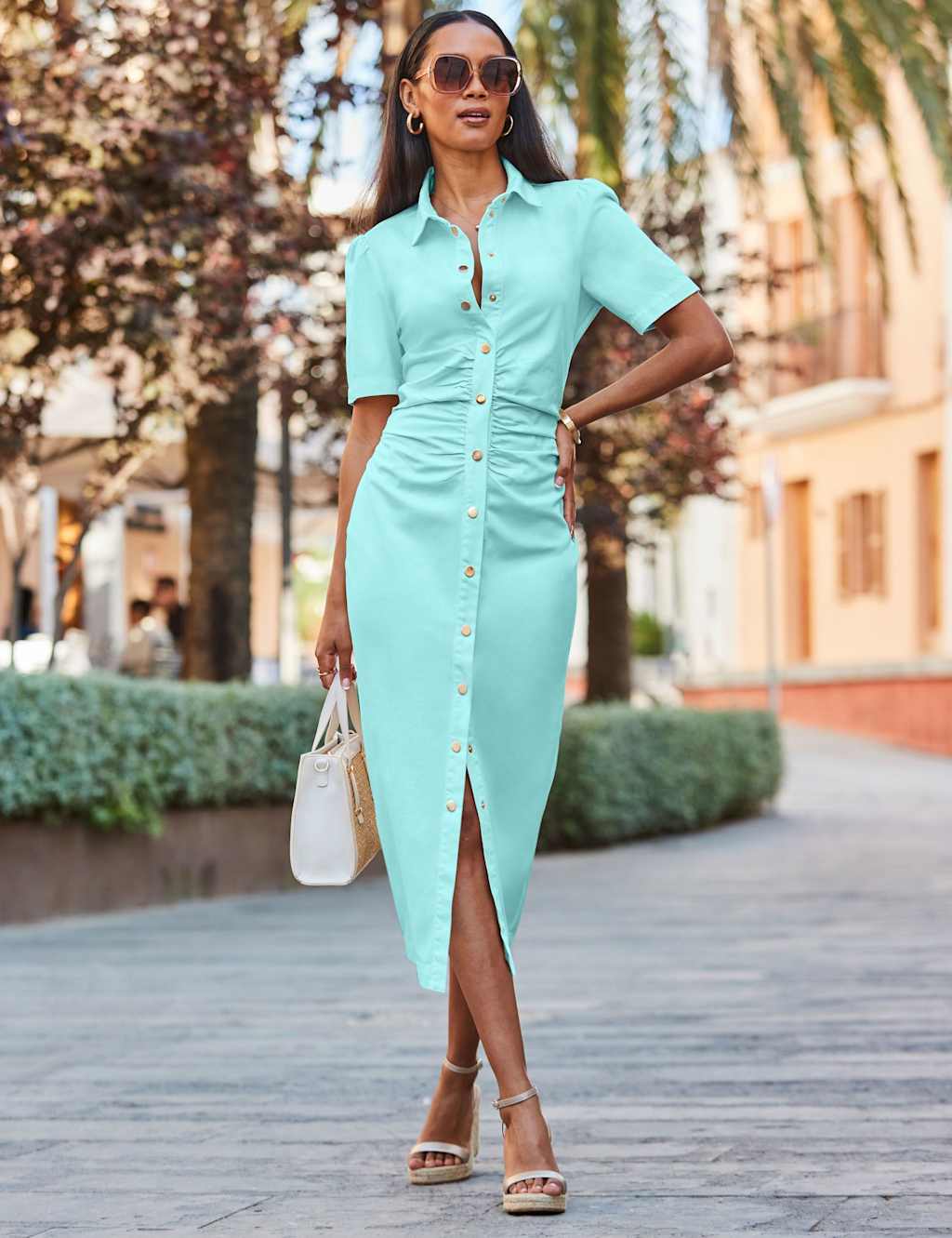SOSANDAR Denim Collared Ruched Midaxi Bodycon Dress Blue
