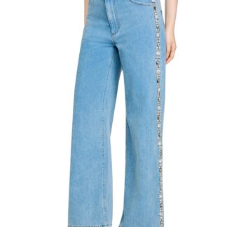 Sandro Calix Rhinestone Trim High Rise Wide Leg Jeans in Blue Jean