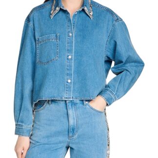 Sandro Carmella Denim Rhinestone Trim Cropped Shirt