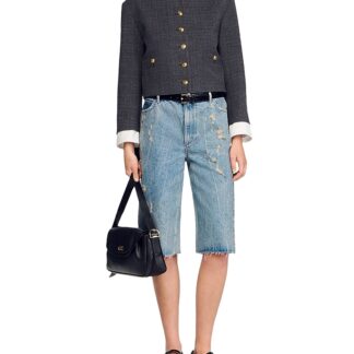 Sandro Distressed Denim Bermuda Shorts in Blue Jean