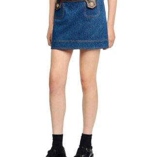 Sandro Leather Trim Mini Denim Skirt