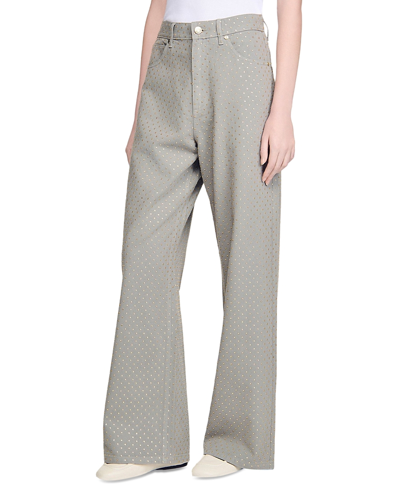 Sandro Rhinestone Embellished Wide Leg Jeans in Sand