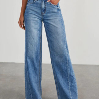 Seam Front Wide Leg Jeans For Women - Retro Raw Hem Washed Denim - Spring Casual Streetwear 2026