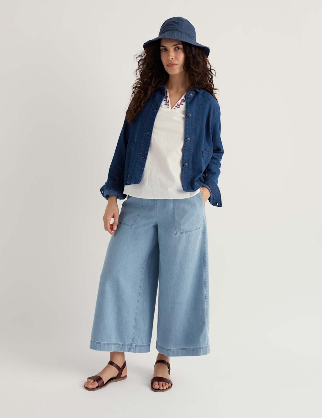 Seasalt Cornwall Cotton Blend Wide Leg Cropped Culottes Blue Denim