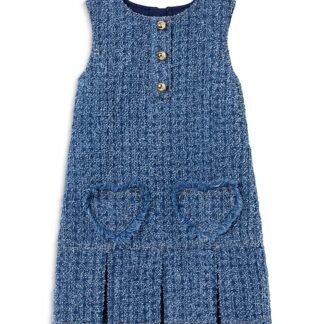 Self-Portrait Girls' Textured Denim Heart Trim Dress - Little Kid, Big Kid