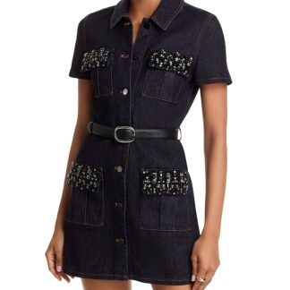Self-Portrait Indigo Denim Crystal Trim Mini Dress