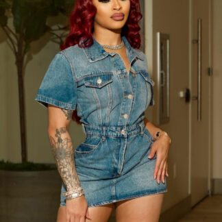 Short Sleeve Denim Dress For Women - Medium Wash Streetwear Button Up Bodycon Mini Jean Dress - Spring Night Out 2026