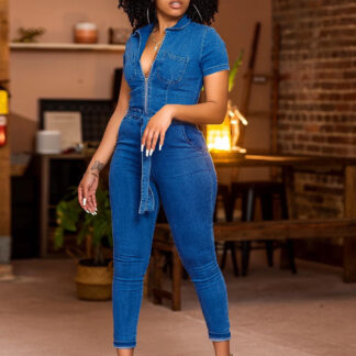 Short Sleeve Denim Jumpsuit For Women - Blue Casual Zip Up Belted Skinny Fit Jean Romper - All Season Daily Clubwear 2026