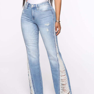 Side Frayed Distressed Flare Jeans For Women - Light Blue Washed Sexy Bootcut Denim - Spring Party Clubwear 2026