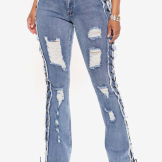 Side Lace Up Ripped Flare Jeans For Women - Medium Wash Sexy Hollow Out Bootcut Denim - Spring Streetwear 2026