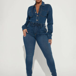 Skinny Denim Jumpsuit For Women - Dark Wash Sexy Bodycon Drawstring Waist Slim Fit Jean Romper - Spring Casual Club 2026