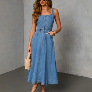 Sleeveless Midi Denim Dress For Women - Medium Blue Square Neck Button Up Fit And Flare Jean Sun Dress - Summer Casual Picnic 2026