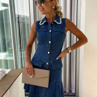 Sleeveless Mini Denim Dress For Women - Dark Blue Beaded Collar Button Up Ruffle Hem Slim Fit Jean Dress - Summer Casual Party 2026