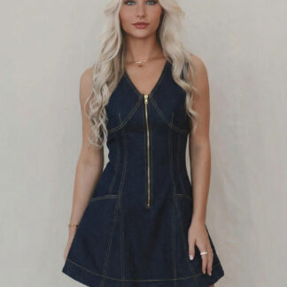 Sleeveless Mini Denim Dress For Women - Dark Blue Western Style Front Zip Slim Fit Jean Sundress - Summer Music Festival 2026