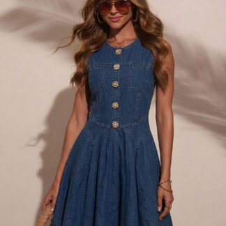 Sleeveless Mini Denim Dress For Women - Medium Blue Y2K Flower Button Fit And Flare Jean Pleated Sun Dress - Summer Casual Party 2026