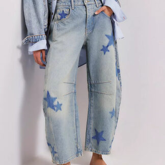 Star Print Barrel Jeans For Women - Light Wash Boho Horseshoe Baggy Denim Trousers - Spring Music Festival 2026