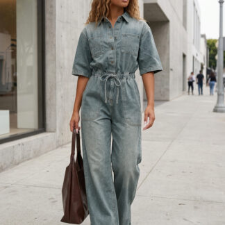 Stretch Washed Denim Jumpsuit For Women - Light Blue Drawstring Waist Side Slit Wide Leg Cargo Romper - Summer Streetwear 2026