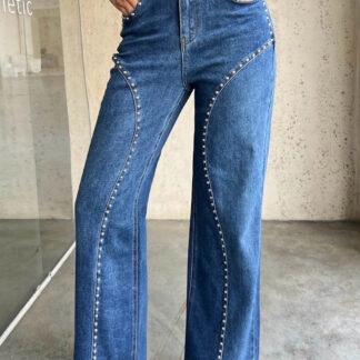 Studded Straight Leg Jeans For Women - Medium Wash Retro Rivet Detail Wide Leg Denim - Spring Night Out Fashion 2026