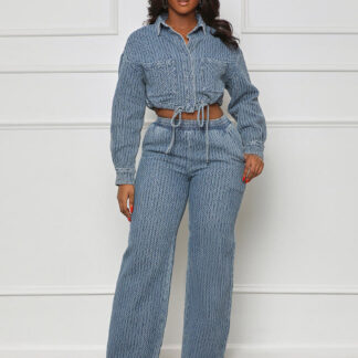 Textured Denim Two Piece Set For Women - Blue Casual Cropped Drawstring Shirt And Wide Leg Pants - Spring Streetwear 2026