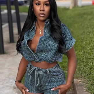Waffle Denim 2 Piece Set For Women - Blue Short Sleeve Tie Front Crop Top And Shorts Co-ord - Summer Casual Outfits 2026