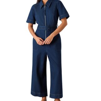 Whistles Petites Denim Pintuck Belted Jumpsuit