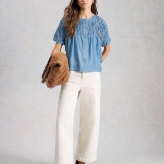 White Stuff Chambray Gathered Button Through Blouse Blue Denim