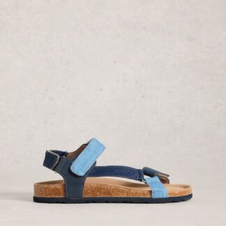 White Stuff Riptape Ankle Strap Flat Footbed Sandals Denim Mix