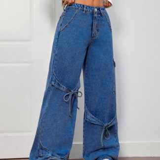 Wide Leg Cargo Jeans For Women - Y2K Retro Bow Tie Strappy Loose Washed Denim Pants - Spring Music Festival Streetwear 2026
