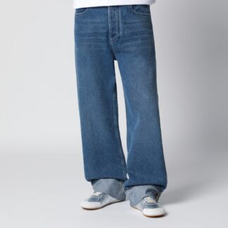 Wide-leg cuffed jeans in medium-wash indigo denim
