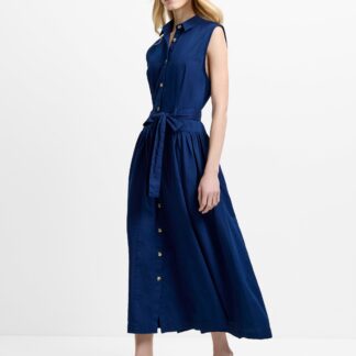 Zaves Chambray Denim Belted Midi Dress Dark Wash Blue