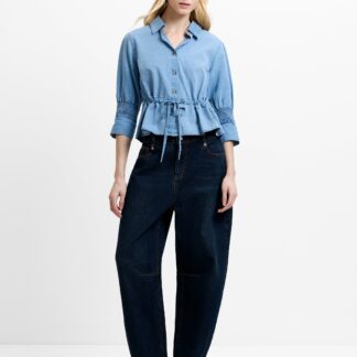 Zaves Chambray Denim Drawstring Top Light Wash Blue