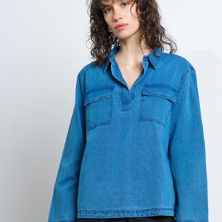 Zaves Chambray Denim Pocket Shirt Medium Bleach Wash Blue