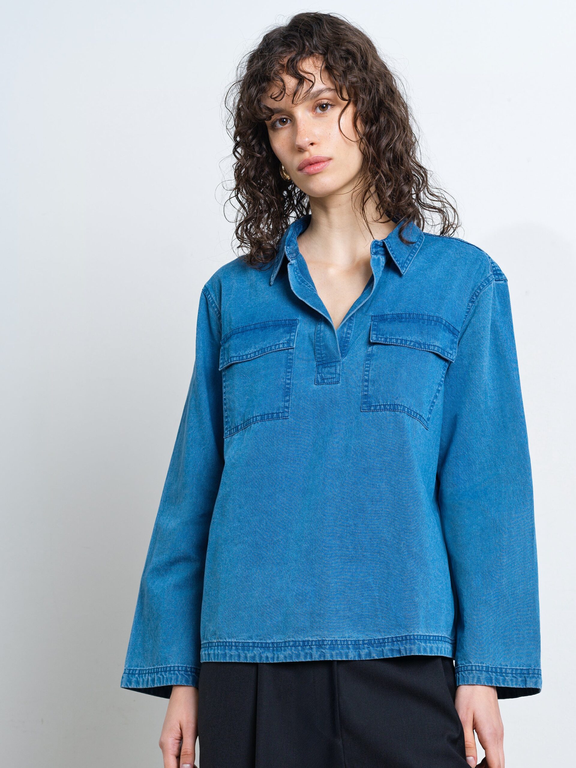 Zaves Chambray Denim Pocket Shirt Medium Bleach Wash Blue