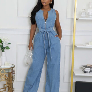 Zip Up Washed Denim Jumpsuit For Women - Light Blue Casual Belted Wide Leg One Piece - Summer Casual Streetwear 2026